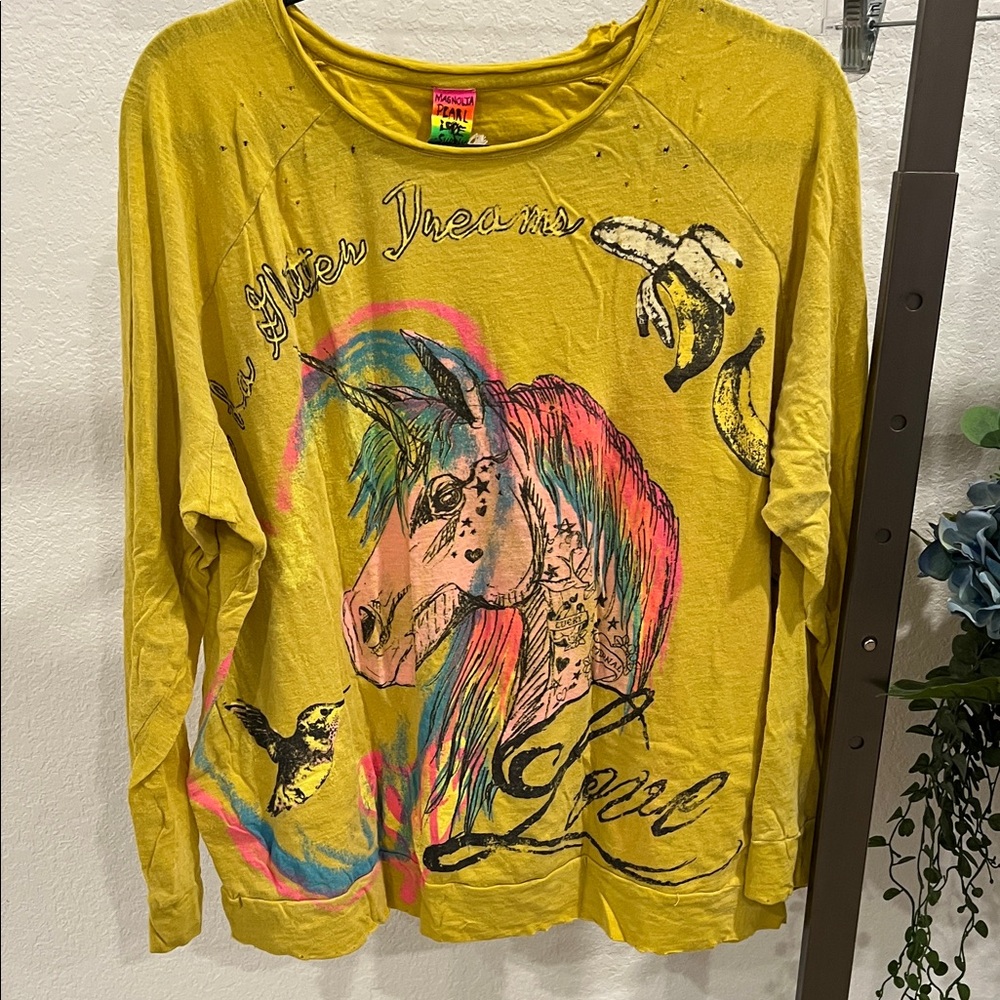 Magnolia Pearl Yellow Graphic Tee with Pink & Teal Accents (item B16.1)